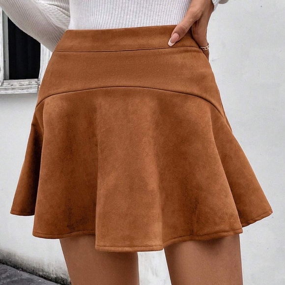 Rust Brown Vegan Suede Zipper Flared Mini Skirt - Picture 2 of 7